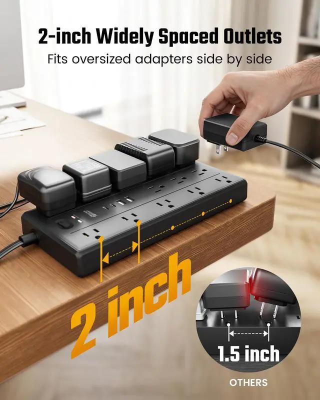 Alt view image 6 of 7 - 10Ft Extension Cord with Multiple Outlets, Flat Plug Power Strip with 2100J Surge Protector, 13 Outlets, 2 USB A, 2 USB C, Desk USB Charging Station, Home Office, College Dorm Room Essentials, Black