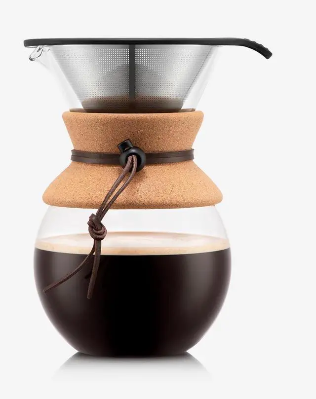 Main image of 34oz Pour Over Coffee Maker, High-Heat Borosilicate Glass with Reusable Stainless Steel Filter and Cork Grip - Made in Portugal
