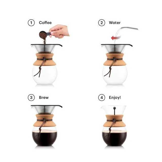 Alt view image 2 of 7 - 34oz Pour Over Coffee Maker, High-Heat Borosilicate Glass with Reusable Stainless Steel Filter and Cork Grip - Made in Portugal