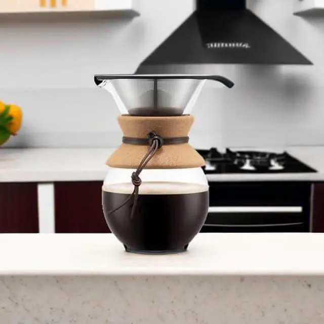 Alt view image 5 of 7 - 34oz Pour Over Coffee Maker, High-Heat Borosilicate Glass with Reusable Stainless Steel Filter and Cork Grip - Made in Portugal