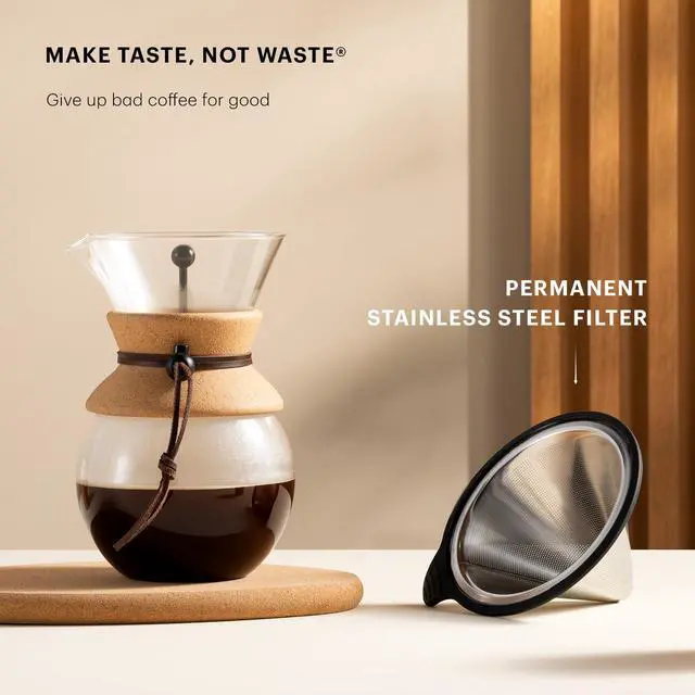 Alt view image 3 of 7 - 34oz Pour Over Coffee Maker, High-Heat Borosilicate Glass with Reusable Stainless Steel Filter and Cork Grip - Made in Portugal
