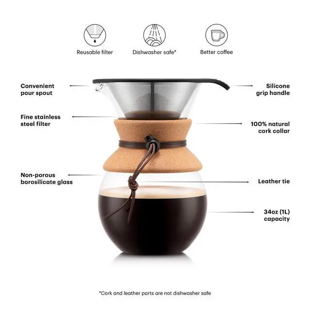 Alt view image 4 of 7 - 34oz Pour Over Coffee Maker, High-Heat Borosilicate Glass with Reusable Stainless Steel Filter and Cork Grip - Made in Portugal
