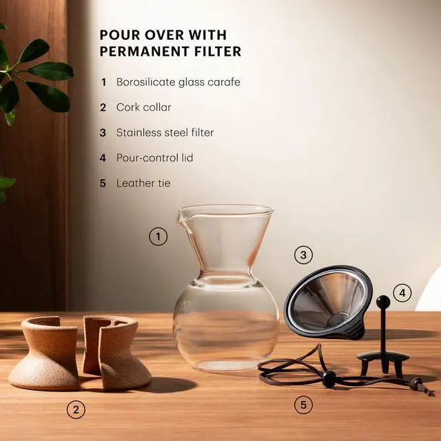 Alt view image 6 of 7 - 34oz Pour Over Coffee Maker, High-Heat Borosilicate Glass with Reusable Stainless Steel Filter and Cork Grip - Made in Portugal