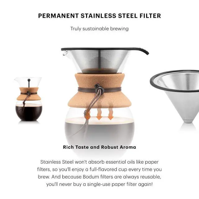 Alt view image 7 of 7 - 34oz Pour Over Coffee Maker, High-Heat Borosilicate Glass with Reusable Stainless Steel Filter and Cork Grip - Made in Portugal