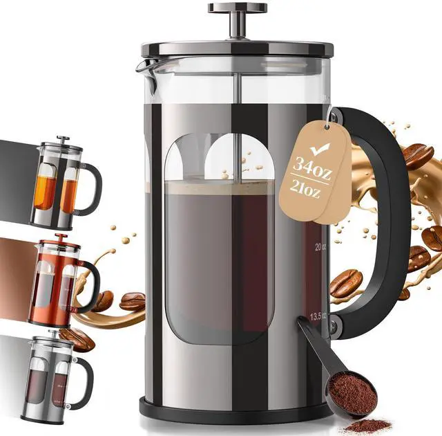 Main image of French Press Coffee Maker 34oz, No Plastic Touching Cafe,Thickened Glass Stainless Steel Brewer, Cold Brew Cafetera Tea pot for Kitchen Travel Camping, Gifts, Decor, Bar Accessories, Dark Pewter