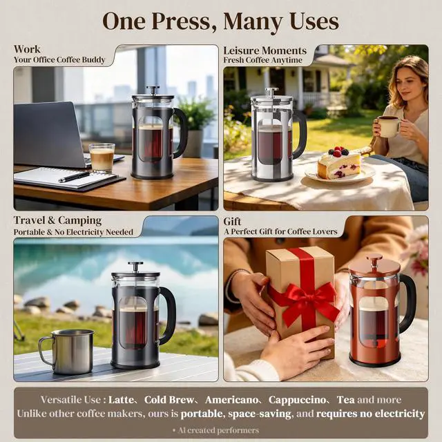 Alt view image 3 of 7 - French Press Coffee Maker 34oz, No Plastic Touching Cafe,Thickened Glass Stainless Steel Brewer, Cold Brew Cafetera Tea pot for Kitchen Travel Camping, Gifts, Decor, Bar Accessories, Dark Pewter