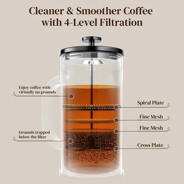 Alt view image 7 of 7 - French Press Coffee Maker 34oz, No Plastic Touching Cafe,Thickened Glass Stainless Steel Brewer, Cold Brew Cafetera Tea pot for Kitchen Travel Camping, Gifts, Decor, Bar Accessories, Dark Pewter