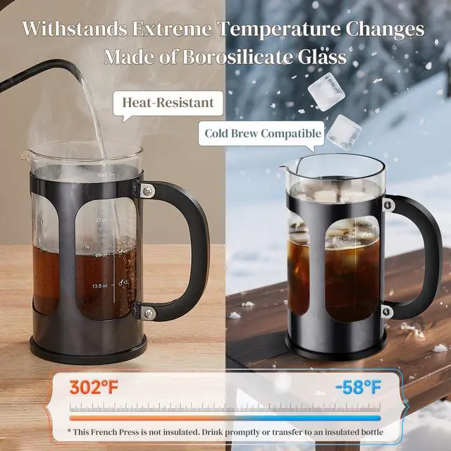 Alt view image 6 of 7 - French Press Coffee Maker 34oz, No Plastic Touching Cafe,Thickened Glass Stainless Steel Brewer, Cold Brew Cafetera Tea pot for Kitchen Travel Camping, Gifts, Decor, Bar Accessories, Dark Pewter