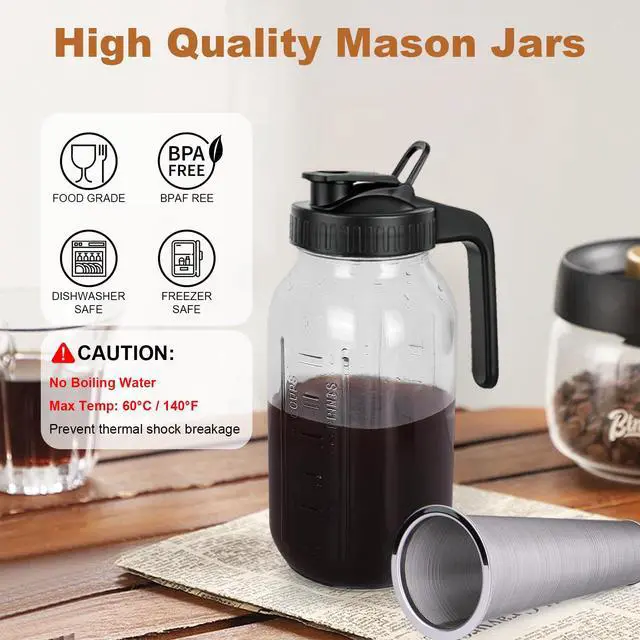 Alt view image 2 of 7 - Cold Brew Coffee Maker,64 oz Mason Jar Pitcher with Stainless Steel Filter, Pour Spout Handle Lid, Heavy Duty Glass Airtight & Leak-Proof for Iced Coffee,Tea & Lemonade