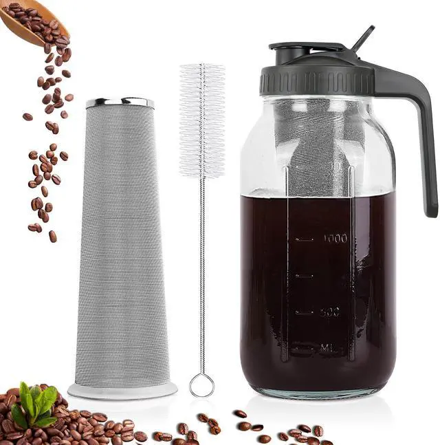 Main image of Cold Brew Coffee Maker,64 oz Mason Jar Pitcher with Stainless Steel Filter, Pour Spout Handle Lid, Heavy Duty Glass Airtight & Leak-Proof for Iced Coffee,Tea & Lemonade