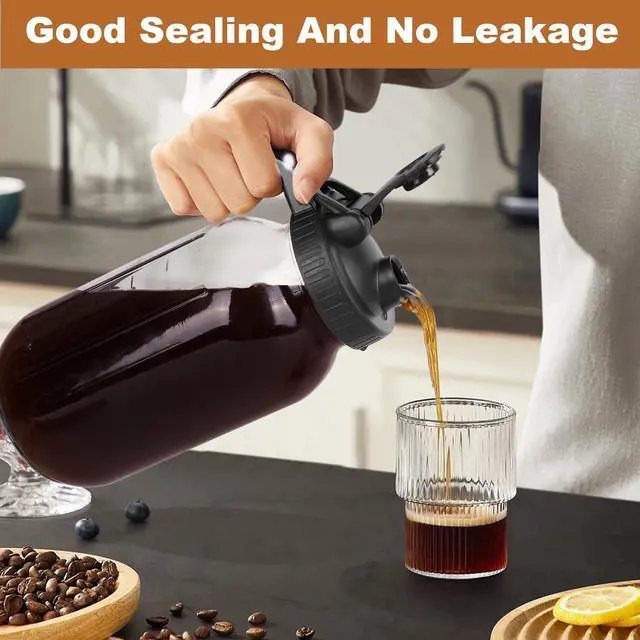 Alt view image 3 of 7 - Cold Brew Coffee Maker,64 oz Mason Jar Pitcher with Stainless Steel Filter, Pour Spout Handle Lid, Heavy Duty Glass Airtight & Leak-Proof for Iced Coffee,Tea & Lemonade