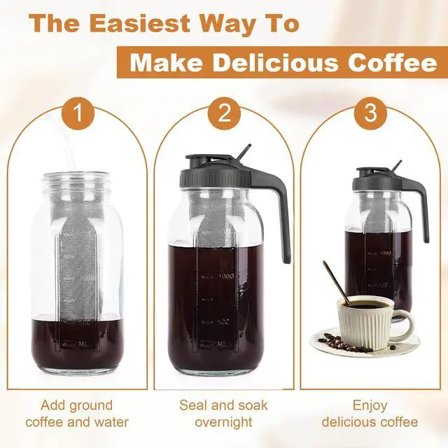 Alt view image 4 of 7 - Cold Brew Coffee Maker,64 oz Mason Jar Pitcher with Stainless Steel Filter, Pour Spout Handle Lid, Heavy Duty Glass Airtight & Leak-Proof for Iced Coffee,Tea & Lemonade
