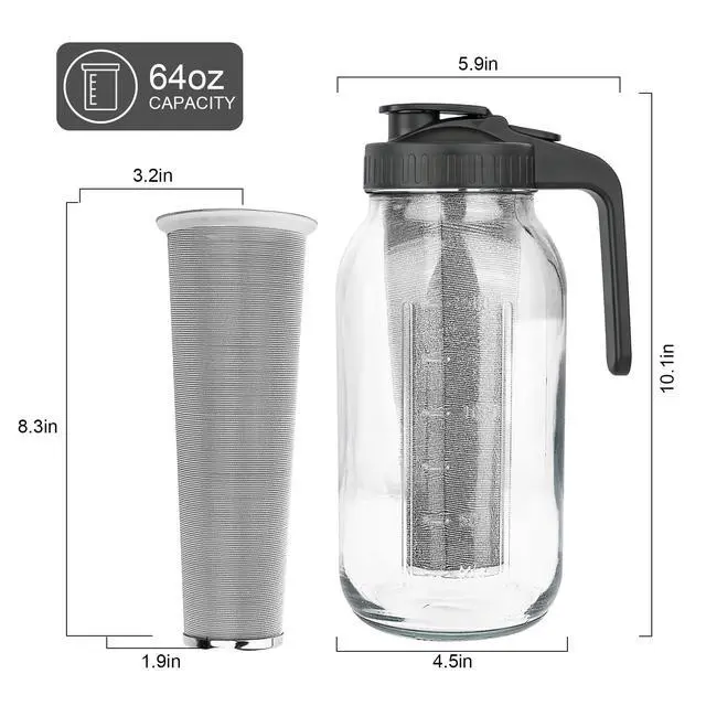 Alt view image 5 of 7 - Cold Brew Coffee Maker,64 oz Mason Jar Pitcher with Stainless Steel Filter, Pour Spout Handle Lid, Heavy Duty Glass Airtight & Leak-Proof for Iced Coffee,Tea & Lemonade