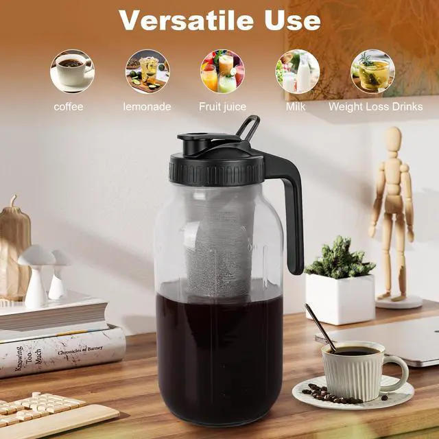 Alt view image 6 of 7 - Cold Brew Coffee Maker,64 oz Mason Jar Pitcher with Stainless Steel Filter, Pour Spout Handle Lid, Heavy Duty Glass Airtight & Leak-Proof for Iced Coffee,Tea & Lemonade
