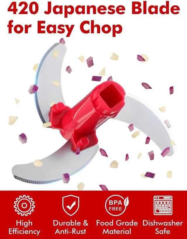 Alt view image 2 of 7 - Food Chopper, Pull Onion Chopper Dicer, Hand Powered Food Mincer, Fast Cutting Hand Chopper for Oinon, Garlic, Nut, 3.4 Cups 0.8L, Red