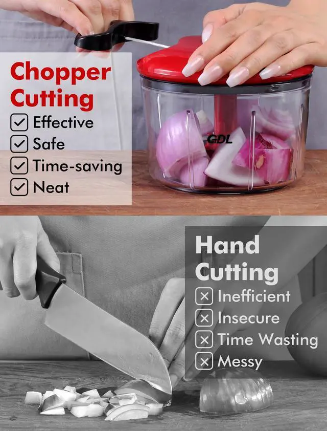 Alt view image 3 of 7 - Food Chopper, Pull Onion Chopper Dicer, Hand Powered Food Mincer, Fast Cutting Hand Chopper for Oinon, Garlic, Nut, 3.4 Cups 0.8L, Red