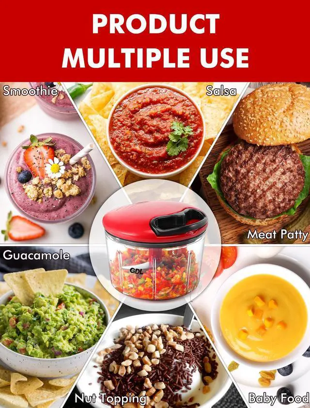 Alt view image 4 of 7 - Food Chopper, Pull Onion Chopper Dicer, Hand Powered Food Mincer, Fast Cutting Hand Chopper for Oinon, Garlic, Nut, 3.4 Cups 0.8L, Red