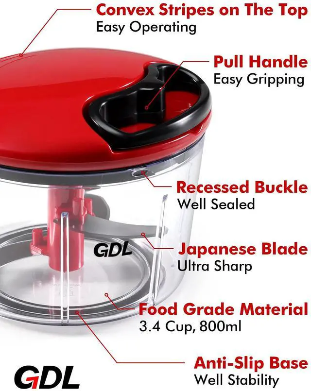 Alt view image 6 of 7 - Food Chopper, Pull Onion Chopper Dicer, Hand Powered Food Mincer, Fast Cutting Hand Chopper for Oinon, Garlic, Nut, 3.4 Cups 0.8L, Red