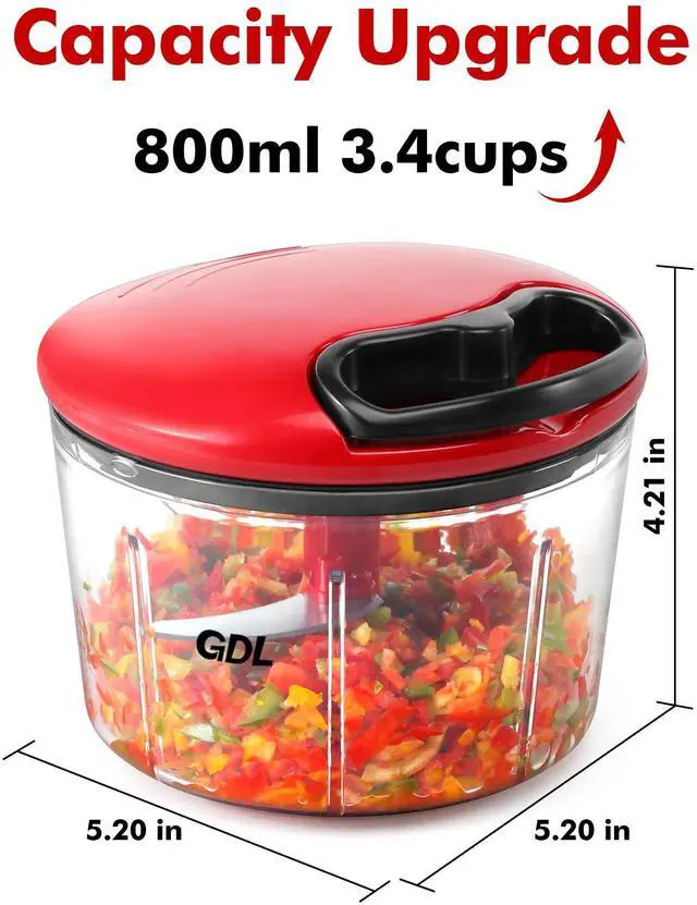 Alt view image 5 of 7 - Food Chopper, Pull Onion Chopper Dicer, Hand Powered Food Mincer, Fast Cutting Hand Chopper for Oinon, Garlic, Nut, 3.4 Cups 0.8L, Red