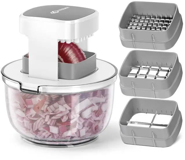 Main image of Multifunctional Vegetable Chopper Bowl White - 3 Interchangeable Blades Potato French Fry Cutter with Container & Storage Box Food Chopper Dicer for Cucumber, Tomato, Carrot, Onion