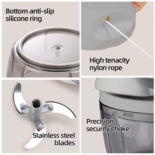 Alt view image 6 of 6 - Manual Food Processor Vegetable Chopper 2.3 Cup Small Mini Hand Pull String Onion Chopper Garlic Mincer Cutter with 3 Stainless Steel Blades (Grey, 550 ml)