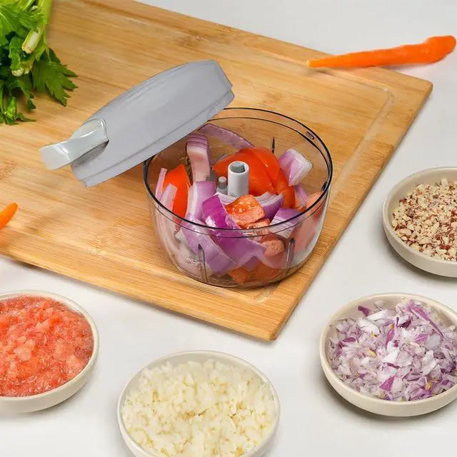 Alt view image 2 of 6 - Manual Food Processor Vegetable Chopper 2.3 Cup Small Mini Hand Pull String Onion Chopper Garlic Mincer Cutter with 3 Stainless Steel Blades (Grey, 550 ml)