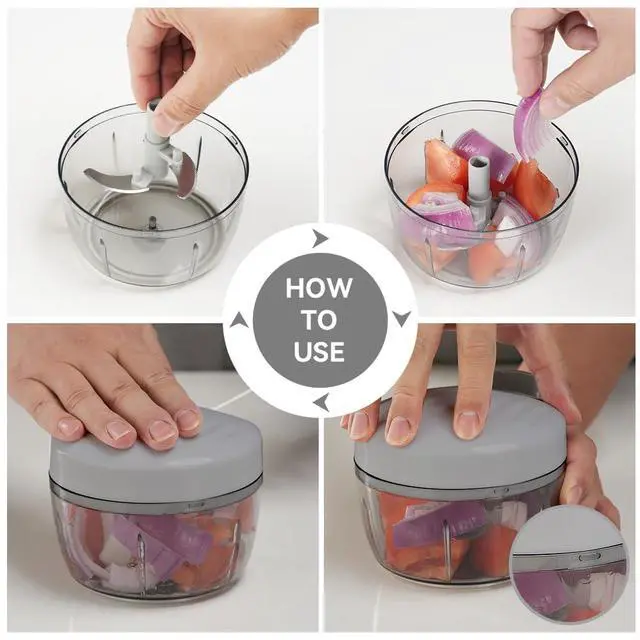 Alt view image 4 of 6 - Manual Food Processor Vegetable Chopper 2.3 Cup Small Mini Hand Pull String Onion Chopper Garlic Mincer Cutter with 3 Stainless Steel Blades (Grey, 550 ml)