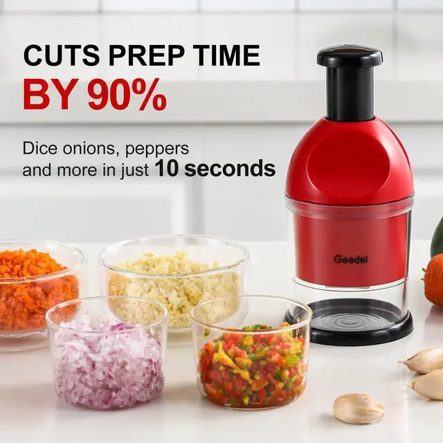 Alt view image 2 of 7 - Food Chopper, Easy to Clean Manual Hand Vegetable Chopper, Dishwasher Safe Slap Onion Cutter for Veggies Onions Garlic Nuts Salads Red