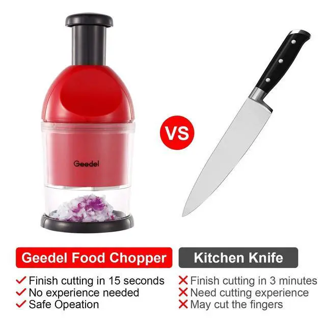 Alt view image 6 of 7 - Food Chopper, Easy to Clean Manual Hand Vegetable Chopper, Dishwasher Safe Slap Onion Cutter for Veggies Onions Garlic Nuts Salads Red