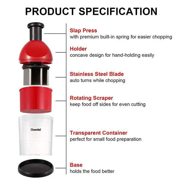 Alt view image 7 of 7 - Food Chopper, Easy to Clean Manual Hand Vegetable Chopper, Dishwasher Safe Slap Onion Cutter for Veggies Onions Garlic Nuts Salads Red