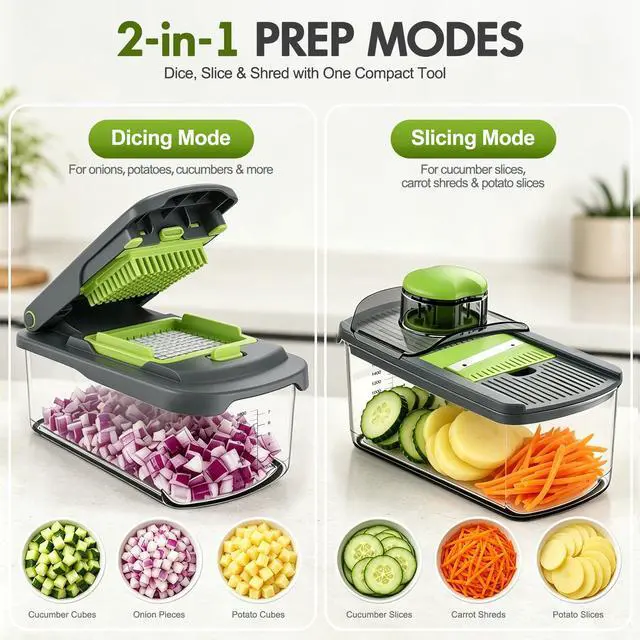 Alt view image 2 of 7 - Vegetable Chopper with Container, 8-Blade Onion Chopper & Mandolin Slicer, 2-Lid Food Dicer with Safety Lock, Veggie Shredder Grater for Kitchen Meal Prep, Kitchen Gadgets (8 in 1, Gray)