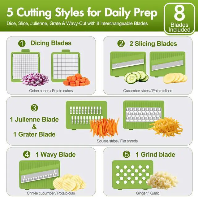 Alt view image 4 of 7 - Vegetable Chopper with Container, 8-Blade Onion Chopper & Mandolin Slicer, 2-Lid Food Dicer with Safety Lock, Veggie Shredder Grater for Kitchen Meal Prep, Kitchen Gadgets (8 in 1, Gray)