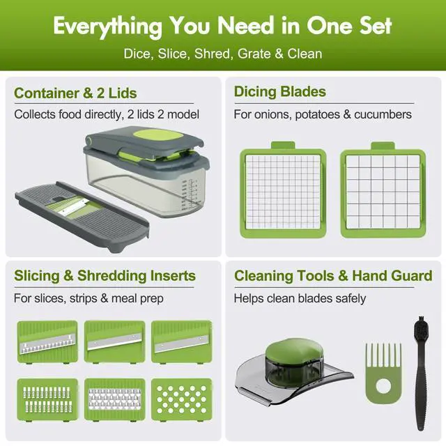 Alt view image 5 of 7 - Vegetable Chopper with Container, 8-Blade Onion Chopper & Mandolin Slicer, 2-Lid Food Dicer with Safety Lock, Veggie Shredder Grater for Kitchen Meal Prep, Kitchen Gadgets (8 in 1, Gray)