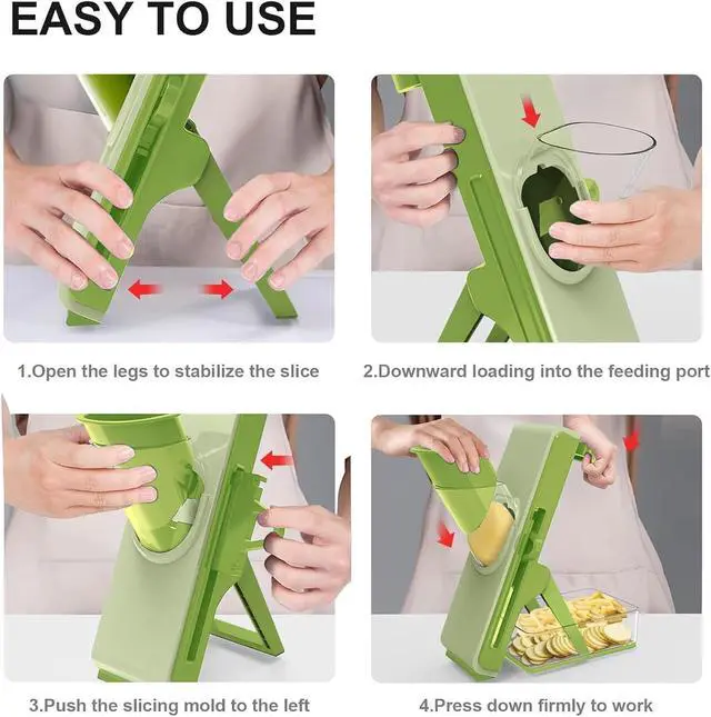 Alt view image 2 of 3 - Safe Mandoline Slicer for Kitchen, Vegetable Slicer with Container, French Fry Cutter, All in 1 Julienne Slicer for Potato, Thickness Adjustable, Detachable Blade (Green)