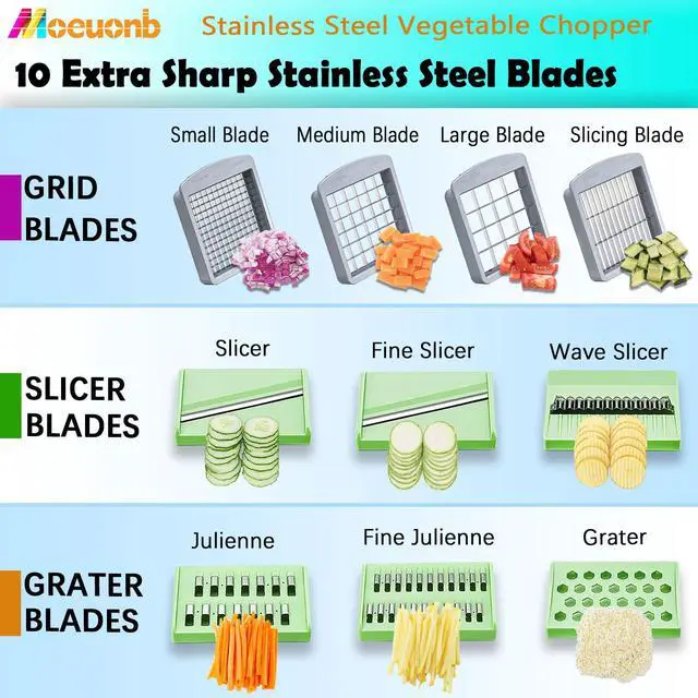Alt view image 6 of 7 - Stainless Steel Vegetable Chopper with 10 Blades - Mandoline Slicer-Pro Food Chopper with Container - Veggie Salad Onion Chopper - Potato Dicer - Tomato Cutter - Cheese Grater
