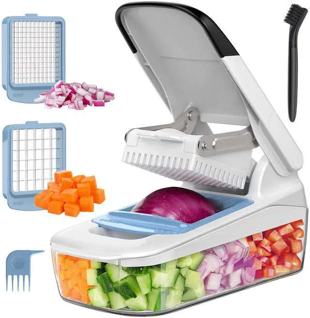 Main image of Vegetable Chopper with Container, 2 in 1 Manual Hand Food Chopper with 2 Stainless Steel Chopping Blades for Potato Strips, Onion Cubers, Carrot Sticks, White & Black