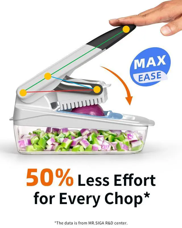 Alt view image 3 of 7 - Vegetable Chopper with Container, 2 in 1 Manual Hand Food Chopper with 2 Stainless Steel Chopping Blades for Potato Strips, Onion Cubers, Carrot Sticks, White & Black
