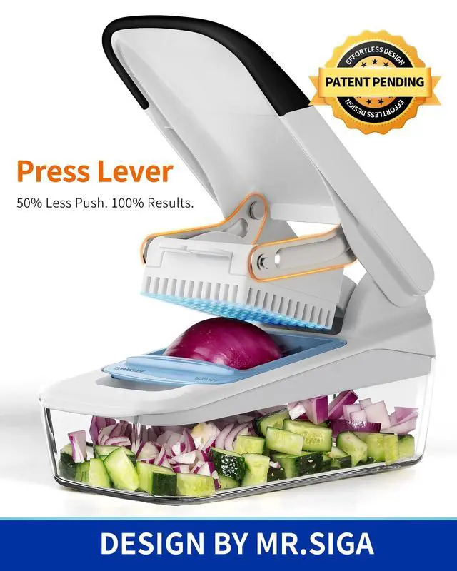 Alt view image 4 of 7 - Vegetable Chopper with Container, 2 in 1 Manual Hand Food Chopper with 2 Stainless Steel Chopping Blades for Potato Strips, Onion Cubers, Carrot Sticks, White & Black