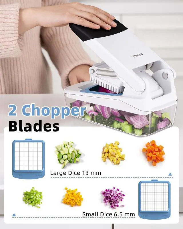 Alt view image 5 of 7 - Vegetable Chopper with Container, 2 in 1 Manual Hand Food Chopper with 2 Stainless Steel Chopping Blades for Potato Strips, Onion Cubers, Carrot Sticks, White & Black