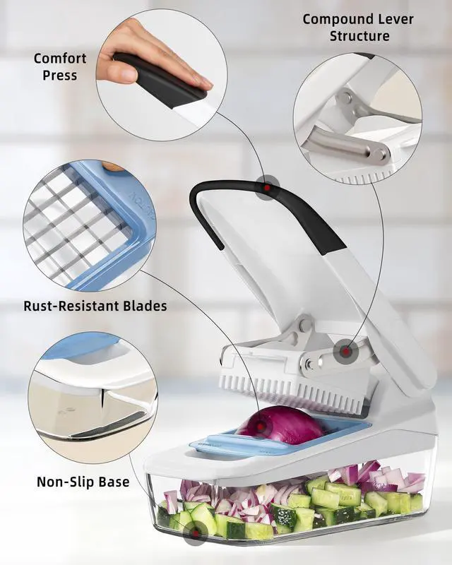 Alt view image 6 of 7 - Vegetable Chopper with Container, 2 in 1 Manual Hand Food Chopper with 2 Stainless Steel Chopping Blades for Potato Strips, Onion Cubers, Carrot Sticks, White & Black
