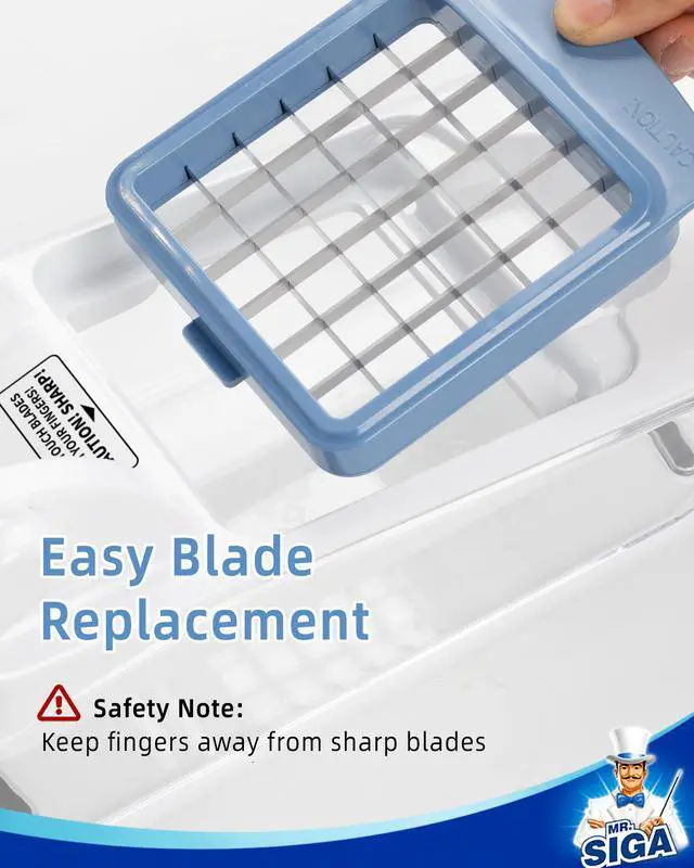 Alt view image 7 of 7 - Vegetable Chopper with Container, 2 in 1 Manual Hand Food Chopper with 2 Stainless Steel Chopping Blades for Potato Strips, Onion Cubers, Carrot Sticks, White & Black