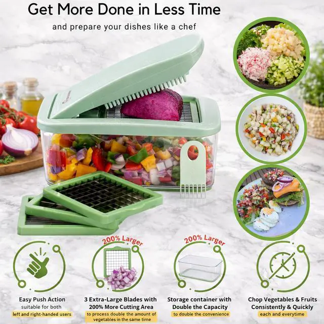 Alt view image 4 of 7 - Onion Chopper Vegetable Dicer: QuickPush Push-Down Food Chopper, Green, 3 Extra Large Blades, 200% More Cutting Area, 2.6-Quart Container, No Electricity, 12mm/23mm Dice & 6mm Slice