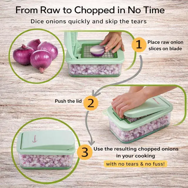 Alt view image 3 of 7 - Onion Chopper Vegetable Dicer: QuickPush Push-Down Food Chopper, Green, 3 Extra Large Blades, 200% More Cutting Area, 2.6-Quart Container, No Electricity, 12mm/23mm Dice & 6mm Slice