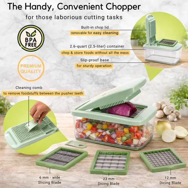 Alt view image 5 of 7 - Onion Chopper Vegetable Dicer: QuickPush Push-Down Food Chopper, Green, 3 Extra Large Blades, 200% More Cutting Area, 2.6-Quart Container, No Electricity, 12mm/23mm Dice & 6mm Slice