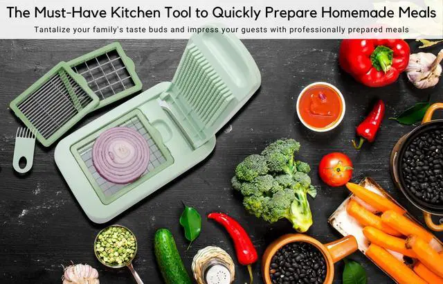 Alt view image 7 of 7 - Onion Chopper Vegetable Dicer: QuickPush Push-Down Food Chopper, Green, 3 Extra Large Blades, 200% More Cutting Area, 2.6-Quart Container, No Electricity, 12mm/23mm Dice & 6mm Slice