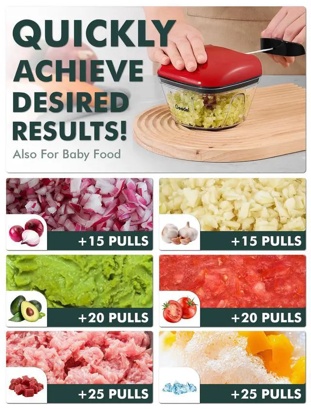 Alt view image 3 of 7 - Manual Food Processor Vegetable Cutter, Pull Chopper with String, Food Chopper Vegetable Cutter for Veggies, Fruits, Salad, Onion, Nuts, Herbs, etc, 2 Cup(500ml), Red