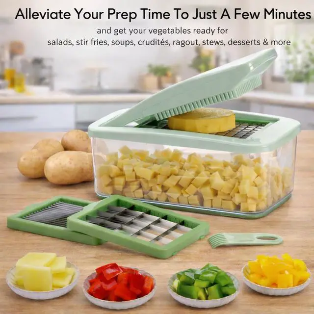 Alt view image 6 of 7 - Onion Chopper Vegetable Dicer: QuickPush Push-Down Food Chopper, Green, 3 Extra Large Blades, 200% More Cutting Area, 2.6-Quart Container, No Electricity, 12mm/23mm Dice & 6mm Slice