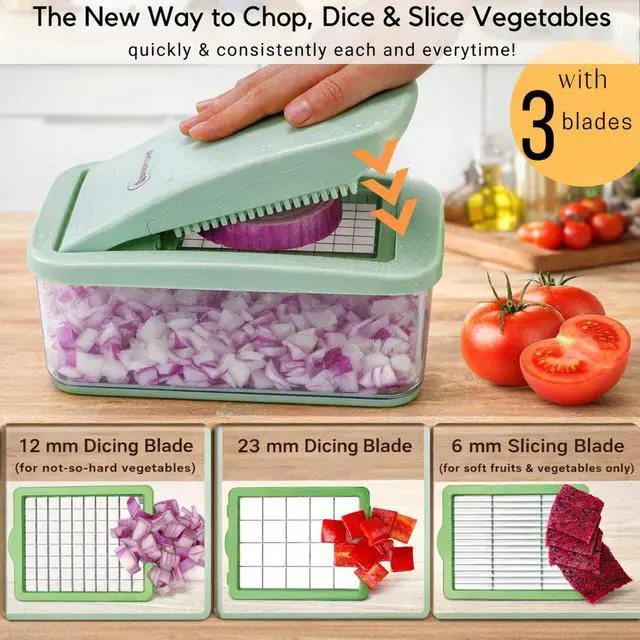 Alt view image 2 of 7 - Onion Chopper Vegetable Dicer: QuickPush Push-Down Food Chopper, Green, 3 Extra Large Blades, 200% More Cutting Area, 2.6-Quart Container, No Electricity, 12mm/23mm Dice & 6mm Slice
