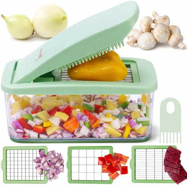 Main image of Onion Chopper Vegetable Dicer: QuickPush Push-Down Food Chopper, Green, 3 Extra Large Blades, 200% More Cutting Area, 2.6-Quart Container, No Electricity, 12mm/23mm Dice & 6mm Slice
