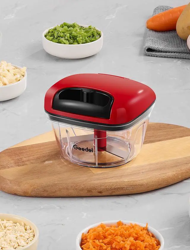 Alt view image 7 of 7 - Manual Food Processor Vegetable Cutter, Pull Chopper with String, Food Chopper Vegetable Cutter for Veggies, Fruits, Salad, Onion, Nuts, Herbs, etc, 2 Cup(500ml), Red